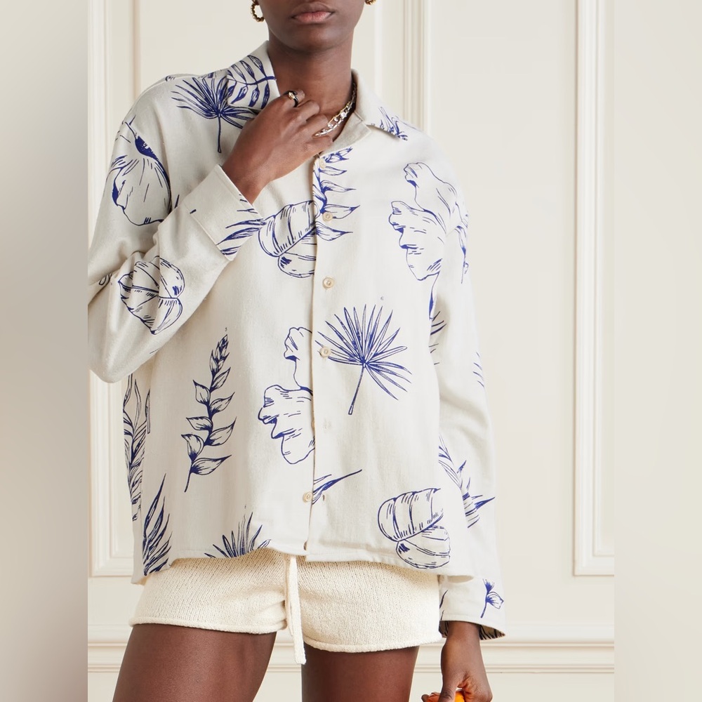 The Elder Statesman Printed cotton and silk-blend shirt tropical leaf white